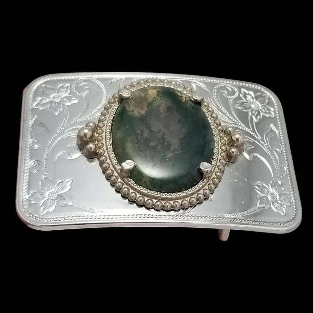Vintage‎ Belt Buckle Cabochon Agate Western Filigree Carved Flowers Silver Color